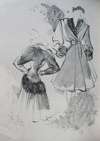 Carven A/H 1945-46, manteau en lainage de Rodier (à gauche Jean Dessès). Illustration de Suzanne Runacher.