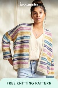 Dive into knitting joy with this free cardigan pattern! 🧶 Embrace volume and versatility with this essential piece for your everyday wardrobe. Crafted with tweed yarn, it offers a cozy layer for every season. The whimsical stripes and squishy Shaker Rib stitch make knitting rhythmic and soothing. Start stitching your perfect cardigan today!