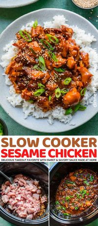 Slow Cooker Sesame Chicken is an easy recipe for Asian takeout. Chicken in a sweet and savory sauce with honey, sesame oil, and soy sauce.