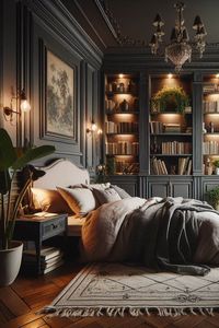 A dark feminine bedroom, showcasing a cozy bed and a wall full of shelves for books, invites you to unwind. Deep, rich tones on the walls create a sense of intimacy, while light wood floors and plush textures add warmth. The clean lines of the bed, dressed in soft linens, beckon you for a restful night's sleep. A well-stocked bookcase, displaying your favorite reads, adds a touch of personality and provides convenient storage, while natural light gently filters through the window, casting a soft glow.