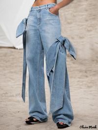 OliviaMark - Vintage-Patchwork-Schleifenknoten-Jeans mit hohem Bund und geradem Bein aus Denim mit ausgebeulten und ausgewaschenen Elementen