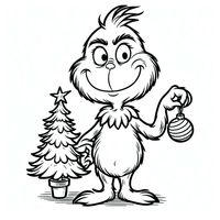 Enjoy coloring a festive scene with this adorable coloring page featuring a small grinch holding a shiny ornament next to a mini Christmas tree.