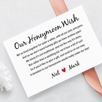 10 x Personalised Wedding Honeymoon Gift Money Poem A7 Cards Purchase as a pack of 10 x individual cards Printed on 300gsm heavy weight white linen Size A7 - 74 x 105mm approx Perfect inserts for wedding invites Poem reads: We've lived together for quite a while, with all our pots and pans. And as we don't need homely gifts we have another plan! We know it's not traditional, and not the way it's done, But rather than a wedding list, we'd love a bit of sun! So if you'd like to give a gift, and send us on our way, A donation to our honeymoon would really make our day! *For personalisation, please add names to appear on the cards, orders without names with be send as generic cards*