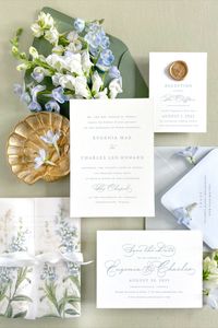 Fall in love with the Eugenia Suite: an ageless design featuring tailored typesetting and stylistic subtlety. This exquisite design is simply perfect for any wedding day. Ample white space allows for endless customization through our selection of wreaths, crests and monograms, or custom artwork and embellishments. With just enough elegant script lettering, and a sophisticated serif, this suite is truly a match made in heaven.