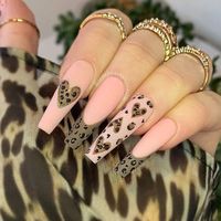 Coffee brown French tips with leopard print and hearts