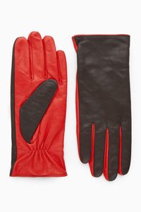 CASHMERE-LINED COLOUR-BLOCK LEATHER GLOVES - BRIGHT RED / DARK BROWN