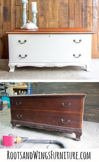 Before and after on this cedar chest makeover is a good one! I refinished the top and painted the base, and what a difference it makes!