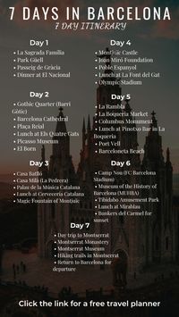 If you will be staying in Barcelona for 7 days, here is a 7 day itinerary for Barcelona. Click the link for a free travel planner.