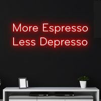 Custom More Espresso Less Depresso Neon Sign, Custom Coffee Shop Name LED Light, Cafe Neon Light, Espresso Led Sign, Depress Neon Wall Decor Let us light up your life with quality LED neon signs for home, business, weddings, events, & more. Take a business logo, song lyrics, a kid's name, or even the shape of your dog, & neon-ify it! We are helping make art accessible with easy-to-design, stylish neon lights. Get creative and design your own neon sign. Your name, motto you live by, your business