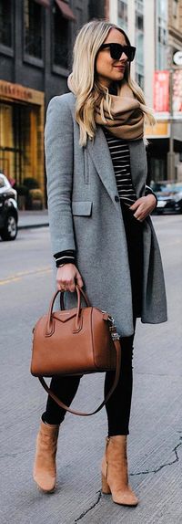 Grey coat, black jeans tan boots, tan bag, striped tee, tan scarf