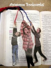 Homemade bookmarks using pics of your kids. Simply tell them to pose for a picture like they’re hanging from a rope, and they don’t need anymore direction!