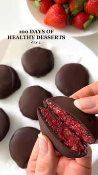 15min · 6 servings  Day 4 of 100 Days of Healthy Desserts🤩  5-ingredient Chocolate Jam Bites😍  Ingredients:  • 1/2 cup raspberries (120 ml / about 60 g)   • 1/2 cup strawberries (120 ml / about 70 g)  • 2 tablespoons chia seeds  • 1/2 - 1 tablespoon maple syrup  topping  • 100 g / 3.5 oz. 80% dark chocolate, melted  • optional: 1 teaspoon coconut oil  Instructions:  • 1. Mash the berries  • 2. Add the chia seeds and maple syrup and stir to combine  • 3. Let sit for 20 minutes to let the chia seeds soak and mixture to thicken  • 4. Spoon dollops onto a plate lined with parchment paper  • 5. Let set in the freezer for about an hour or until set  • 6. (Melt the chocolate with the coconut oil). Dip the bites in the chocolate. Place the bites on a plate lined with parchment paper. They will s