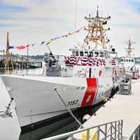 U.S. Coast Guard Cutter Patterson (WPB 1153) moors up to the pier in Portland, Maine during a commissioning ceremony. It is the 53rd fast response cutter (FRC) in the Coast Guard's fleet.