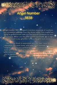 Angel number 3838 is not just a random sequence of numbers, but a powerful message from the divine realm. Your angels are trying to communicate with you and provide guidance on your life journey. When you see this number repeatedly, it’s a sign that you need to pay attention to your thoughts and emotions.  The number three is associated with the Holy Trinity and represents the mind, body, and spirit. It’s a reminder that you need to focus on your spiritual growth and connect with your inner self. This number also signifies that you have a creative spark within you that needs to be unleashed. Your angels want you to express yourself freely and use your creativity to bring positivity into your life and the lives of others.