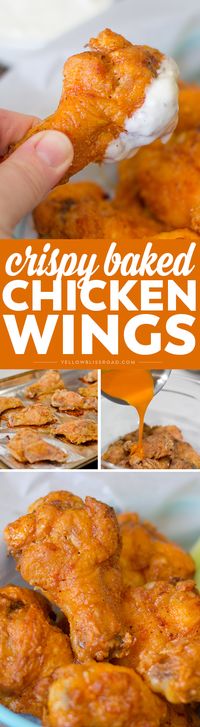 BEST EVER Crispy Baked Chicken Wings coated with spicy buffalo sauce. A family favorite for dinner or a game day appetizer favorite for a crowd! via @yellowblissroad