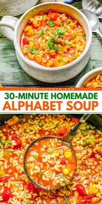 An easy comfort food recipe in one pot! You can whip up this cozy meal in just 30 minutes. Complete with vegetables in tomato-flavored broth, this homemade alphabet soup is so much better than store-bought. So, grab some alphabet pasta and try this soup idea for dinner!