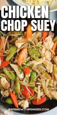 Chicken Chop Suey is an easy, flavorful weekday option! This dish is ready in no time, and the whole family loves it! #spendwithpennies #chickenchopsuey #recipe #chinese #asian #homemade