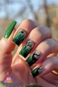 Capture the essence of the wilderness with these forest green nail designs featuring silhouettes of majestic deer amidst twilight hues. For nails that tell a story, explore more at NailHow.com.