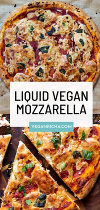 Learn how to make the perfect vegan liquid mozzarella that bakes up to gooey, melty, and stretchy cheese perfection when drizzled over homemade vegan pizza! Gluten-free option included.