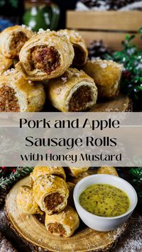 Flavourful sausage rolls stuffed with pork and apple and topped with flaky sea salt are the perfect appetizer or starter for a Christmas party or gathering. Served with a side of honey mustard for a hint of tang and sweetness.