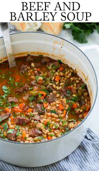 Beef Barley Soup - rich and hearty and perfectly cozy! Made with tender chunks of beef roast, nutritious whole grain barley, fresh veggies and a deliciously seasoned broth. A soup that's sure to warm the soul on chilly days! #beefbarley #soup #dinnerecipe #beef #roast