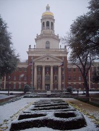 Waco: Baylor. A snowy Pat Neff Hall at Baylor University