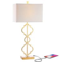 32" Iron Selina Ogee Trellis Modern USB Table Lamp (Includes LED Light Bulb) Gold - Jonathan Y