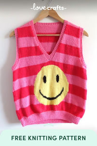 Brighten up your wardrobe with this free Smiley Vest knitting pattern!  Perfect for trying out intarsia color work, this lightweight vest fits chest sizes from 32" to 48" and uses simple stitches, increases, and decreases.