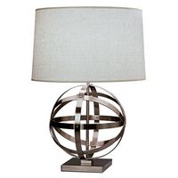 A spherical base made up of metal bands is the focal point of this striking table lamp.