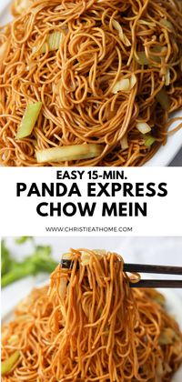 Easy Panda Express Chow Mein. Bouncy chow mein noodles stir fried in a savory simple sauce with crunchy cabbage, celery, onions. An easy recipe that serves as the perfect side dish. Ready in 15-minutes!