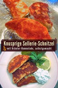 Es muss nicht immer Fleisch sein. Die panierten Sellerie Schnitzel werden in klassische Mehl-Eier- Paniermehl-Panade getaucht und kross gebraten. Dazu selbstgemachte Kräuter Remoulade. Sellerie schmeckt aromatisch. Ein fleischloses Rezept.