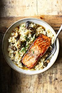 japanese style risotto with seared salmon