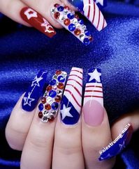 long coffin nails 4th of july nail art white red blue nail polish stripes stars and rhinestones