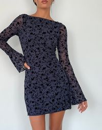 Navy Flocked Petal Long Sleeve Mini Dress | Sevila – motelrocks-com-us