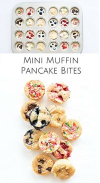 Mini muffin pancake bites. Easy to make, bite-sized pancakes for kids to customize with their favorite toppings.