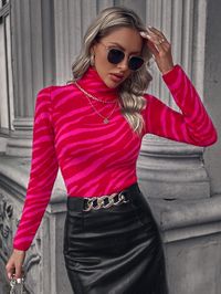 Hot Pink Casual Collar Long Sleeve Fabric Zebra Stripe Basic Tops Embellished Slight Stretch Fall/Winter Women Knitwear