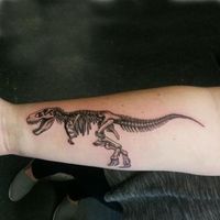 Dinosaur Tattoo, t-rex, t-rex tattoo, skelleton tattoo, bones, bone tattoo, black and grey tattoo