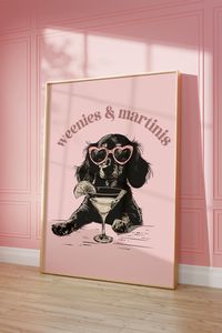 "Dachshund Dog Print - Preppy Pink Aesthetic Martini Bar Cart Digital Download Poster Art Immediate Digital Download The frame is not included. Digital Download Only. Add a touch of adorable charm to your kids' room decor with our delightful \"Printable Pink Dachshund Print.\" This preppy art piece features a lovable Dachshund, also known as a Weiner Dog, capturing the hearts of children and dog lovers alike. With the convenience of a printable design, you can instantly access and print this Dac