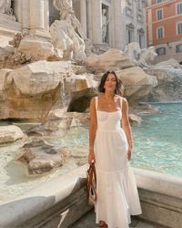 white crochet dress, maxi dress outfit, summer, european summer, aesthetic pictures, Trevi Fountain, Rome, Italy, travel