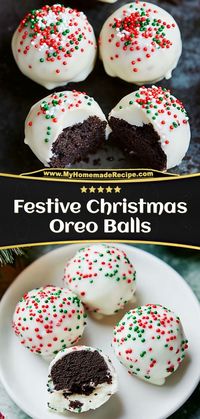 These Oreo balls are creamy, chocolatey, and decorated with festive sprinkles. A no-bake Christmas classic! Ingredients: 1 package Oreos, crushed 1 cup cream cheese 1 cup white chocolate, melted Festive sprinkles for garnish Serve these Oreo balls as a sweet, holiday-themed treat