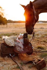 Western Newborn photoshoot with baby girl in saddle and horse