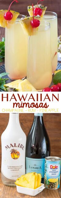 Hawaiian Mimosas - this easy cocktail recipe has just three ingredients and will make you think you're on a beach in paradise. Pineapple, Rum, and Champagne is all it takes to make this delicious cocktail!