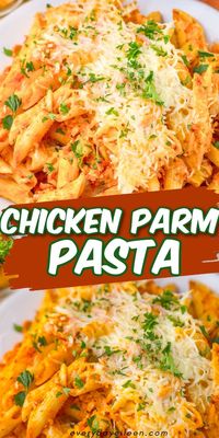 Chicken Parm Casserole, an easy dinner with everyone's favorite chicken parmesan and pasta. A tasty meal that everyone will love. Cooked chicken, pasta, spaghetti sauce, cheeses, and Italian seasoning, a super delicious casserole that takes under an hour to prepare.