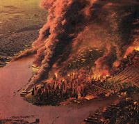 1950 depiction of a smoldering New York after a nuclear attack (Chesley Bonestell, 1950)