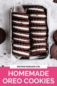 A homemade Oreo recipe with chocolate wafer cookies and a creamy vanilla filling. Dunk in milk or twist them apart!