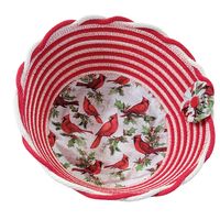 This is a handmade cotton rope round bowl / basket that I added cardinal fabric on the bottom. Has braided rope around the side. I added a yoyo with a red button on the side. It is   9.5 x 3 x 3 inches.   This can be washed by hand. To clean just dust and use a dry cloth. From a smoke free animal free home.