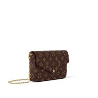 This pochette félicie bag is crafted in louis vuitton's iconic monogram canvas and lined in fuchsia microfibre. Designed to adapt to modern lifestyles, this envelope-style bag contains a spacious compartment with two removable pockets: one zipped, one with eight card card slots. It holds essentials including a smartphone and cardholder, closing securely with a press stud. It can also be carried cross-body, on the shoulder or as a clutch, thanks to its removable chain. It holds essentials includi