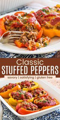 Classic Stuffed Peppers made with tender and sweet bell peppers filled with flavorful ground beef and rice with melty cheese. This recipe for hearty stuffed bell peppers is the perfect light meal, or you can serve them with your favorite side dishes.