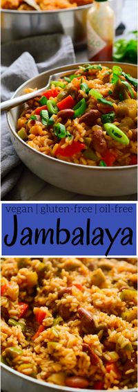 This vegan jambalaya is quick and easy to make, full of spice and flavour and a great one-pot meal. Beans and mushrooms stand in for shrimp and sausage for a totally plant-based, gluten-free and oil-free version of Southern comfort food that’s just as good as the original! via @cilantroandcitr