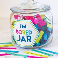 Kids bored at home?  Easily find something for them to do when you refer them to the "I'm Bored Jar"!  They include very simple activities that require little or no supplies such as: - Draw a robot - Make a Paper Airplane - Find Animals in the Clouds - Make a Card for Someone - Pretend you are a Knight - Put on a puppet show - Play Simon Says - Have a Lemonade Stand - Keep a Summer Journal - 144 TOTAL IDEAS! Includes the jar label in 2 different sizes to fit your own jar! This listing is for the